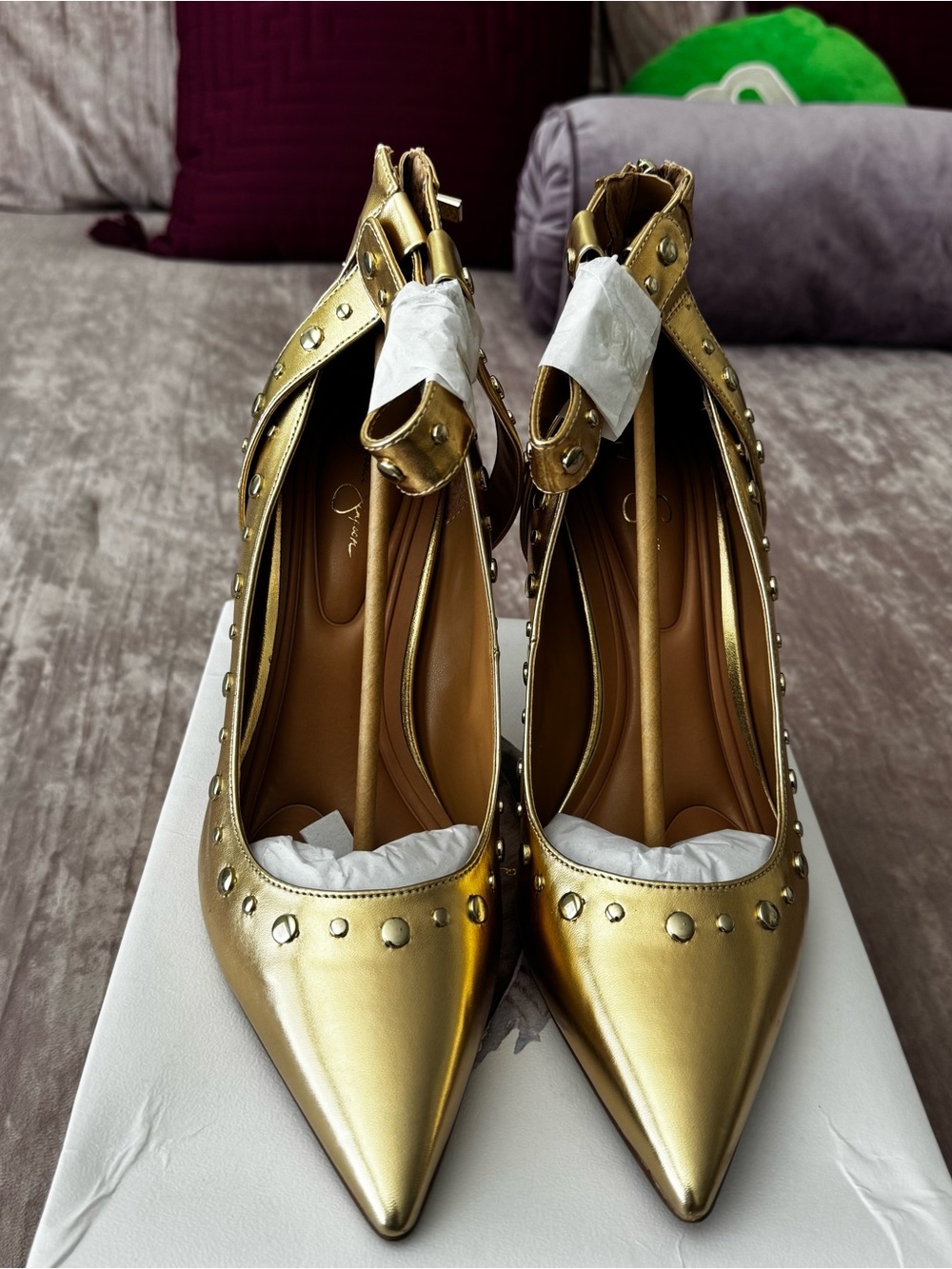 Jessica Simpson Gold Studded Pointed-Toe Ankle-Strap Heels